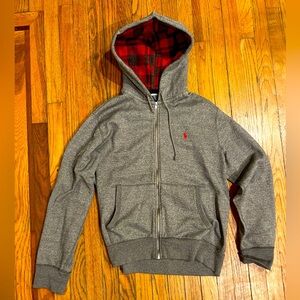 Polo Ralph Lauren Vintage 90’s Grey Hoodie with red Buffalo Check pattern.